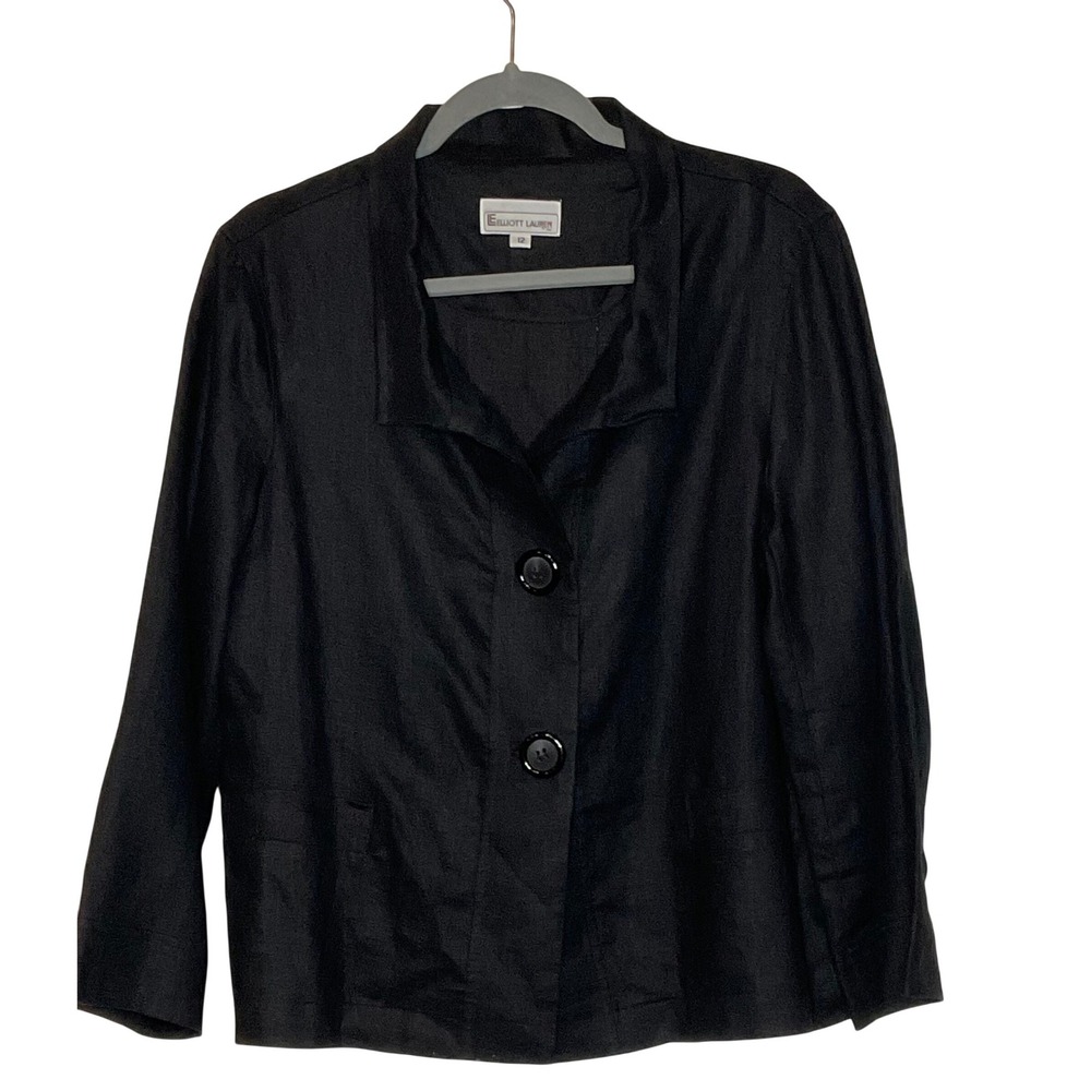 ELLIOTT LAUREN WOMEN'S JACKET BLAZER BLACK‎ 100 LINEN VINTAGE MINIMALIST 12 USA